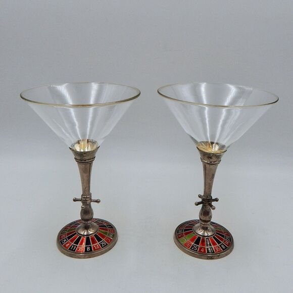 Roulette Wheel Martini Glassware Glasses Pair Godinger Silver Art Company - Picture 1 of 14